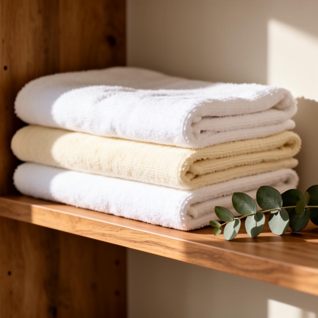 Neatly folded fresh towels on a wooden shelf